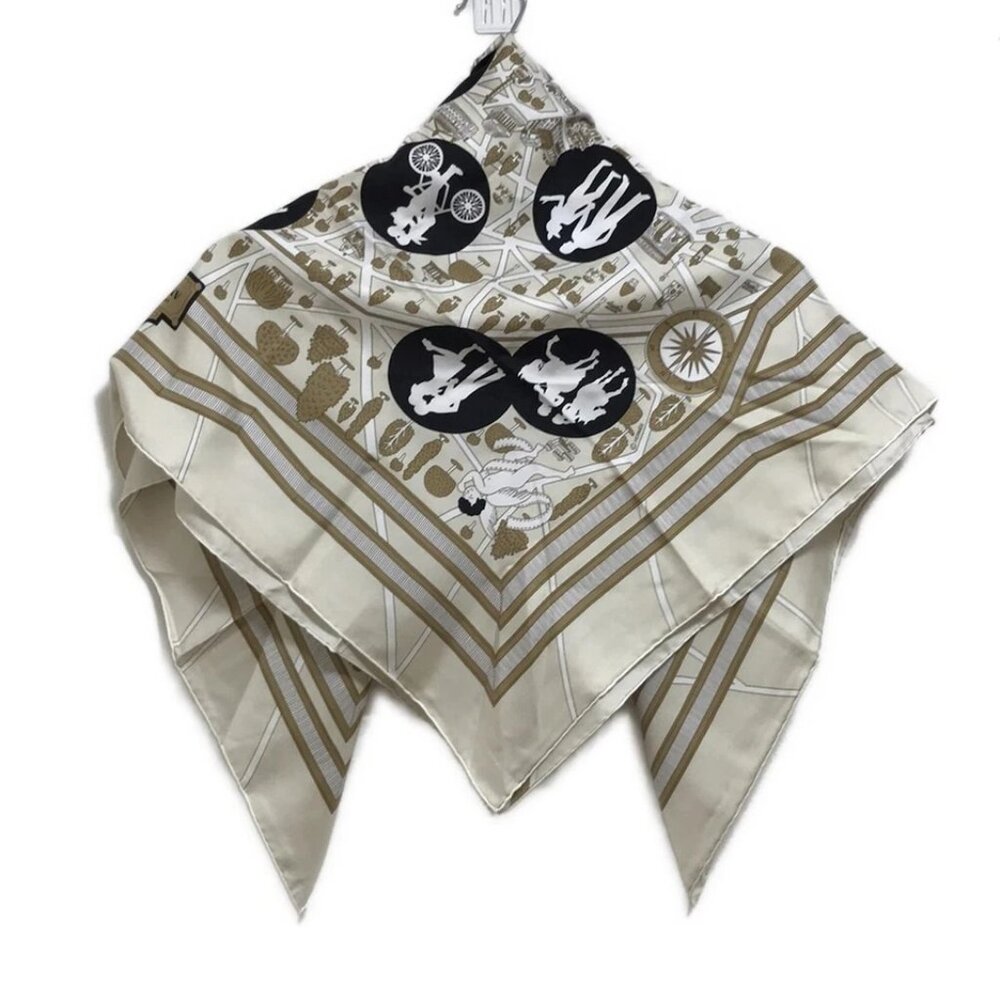 HERMES Carre 90 - Beige Black White Scarf 328-072525 - Picture 2 of 6